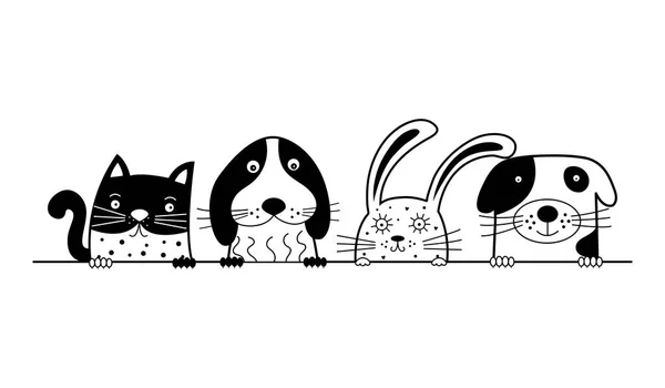 Perros divertidos, gato lindo y conejo son mejores amigos . — Vector de stock