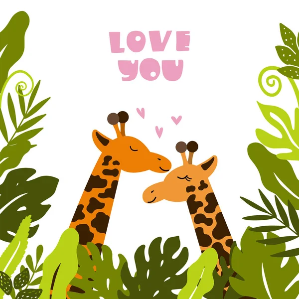 Schattig giraffen knuffelen onder tropische bladeren. — Stockvector