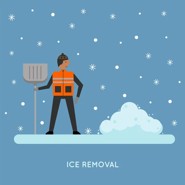 Cartoon man removing snow with a shovel. — Stock Vector