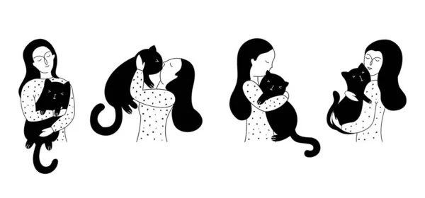 Set van een mooi jong meisje en haar kat. — Stockvector