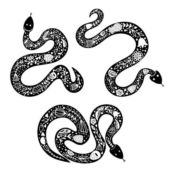 Set of three snakes in scandinavian style on white background. — Stock Vector