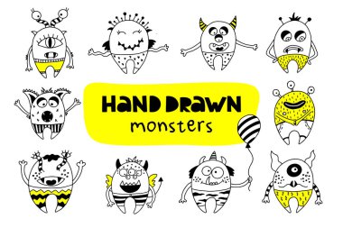 Beyaz bir arka plan üzerinde el çizilmiş sevimli canavarlar. 
