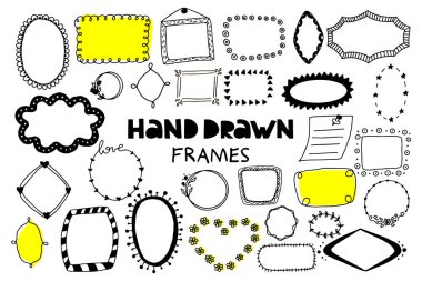 Beyaz arka plan üzerinde elle çizilmiş büyük çerçeveler kümesi. Doodle tarzı. Vektör çizimi. 