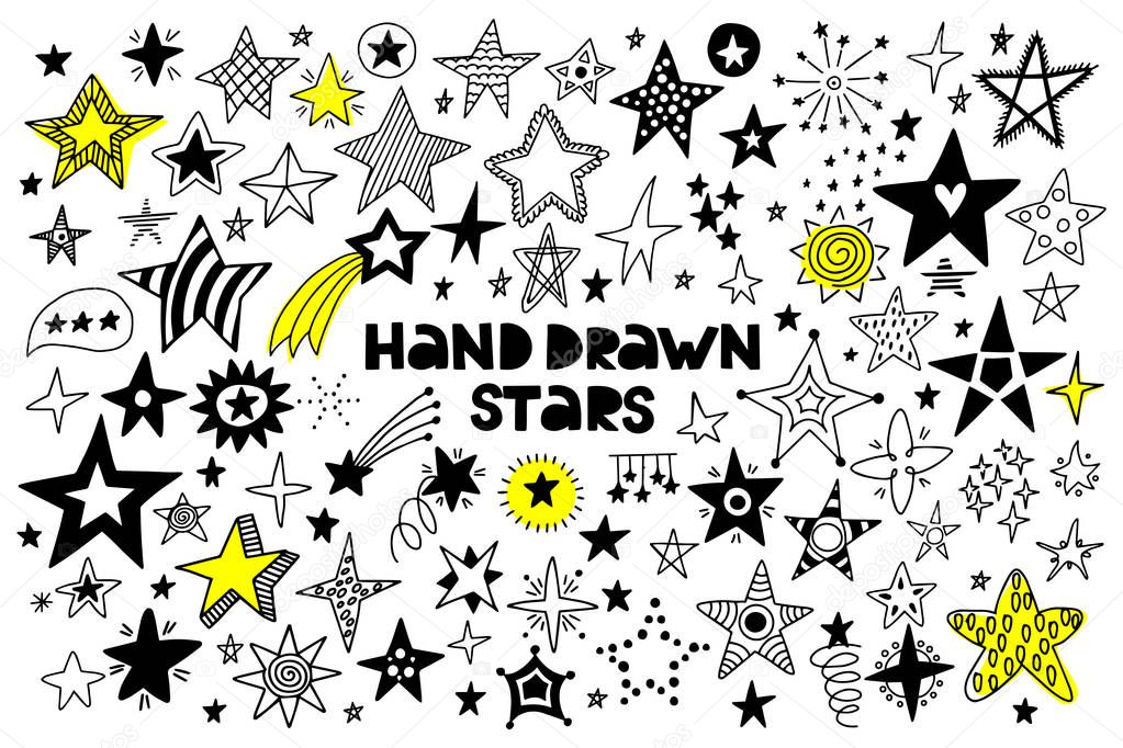 Big set of hand drawn stars on a white background. Doodle style. Vector illustration.