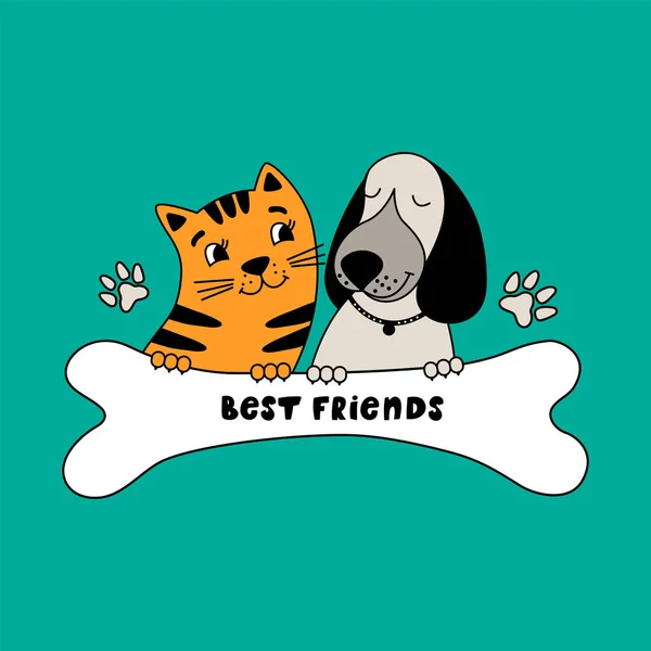 Divertido perro y lindo gato mejores amigos . — Vector de stock