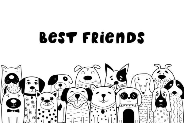 Doodle köpekler ile siyah ve beyaz kartı. Komik hayvanlar. Vektör çizim. Çocuk kitapları, kartları, kupa, T-shirt baskı için kullanılabilir.