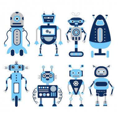 Beyaz arka planda 8 renkli robot seti. 