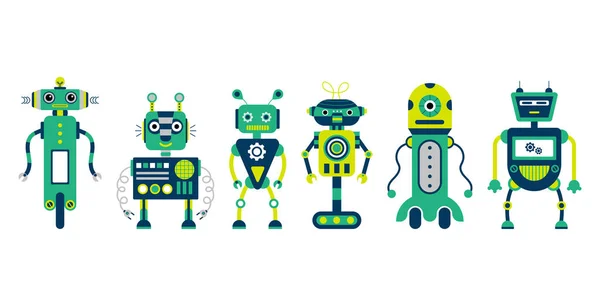 Set of 6 colorful robots on a white background. — Stock Vector