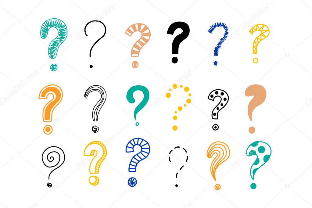 Big set of hand drawn drawings of question marks. 