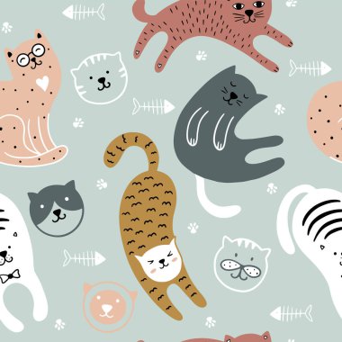 Şirin kediler, çocuksu, kusursuz desenler. Renkli kedi yavrularının geçmişi. Tekstil, duvar kağıdı ve ambalaj için kullanılabilir..