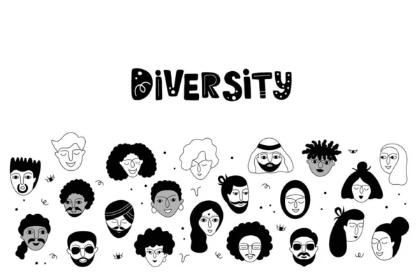 Różnorodność Społeczna Ilustracja Wektorowa Różnymi Osobami Twarze Prezentujące Różnorodność Zespołu — Wektor stockowy