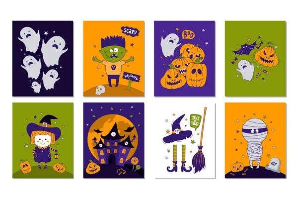 Feliz Colección Halloween Conjunto Tarjetas Felicitación Con Objetos Halloween Momia — Vector de stock