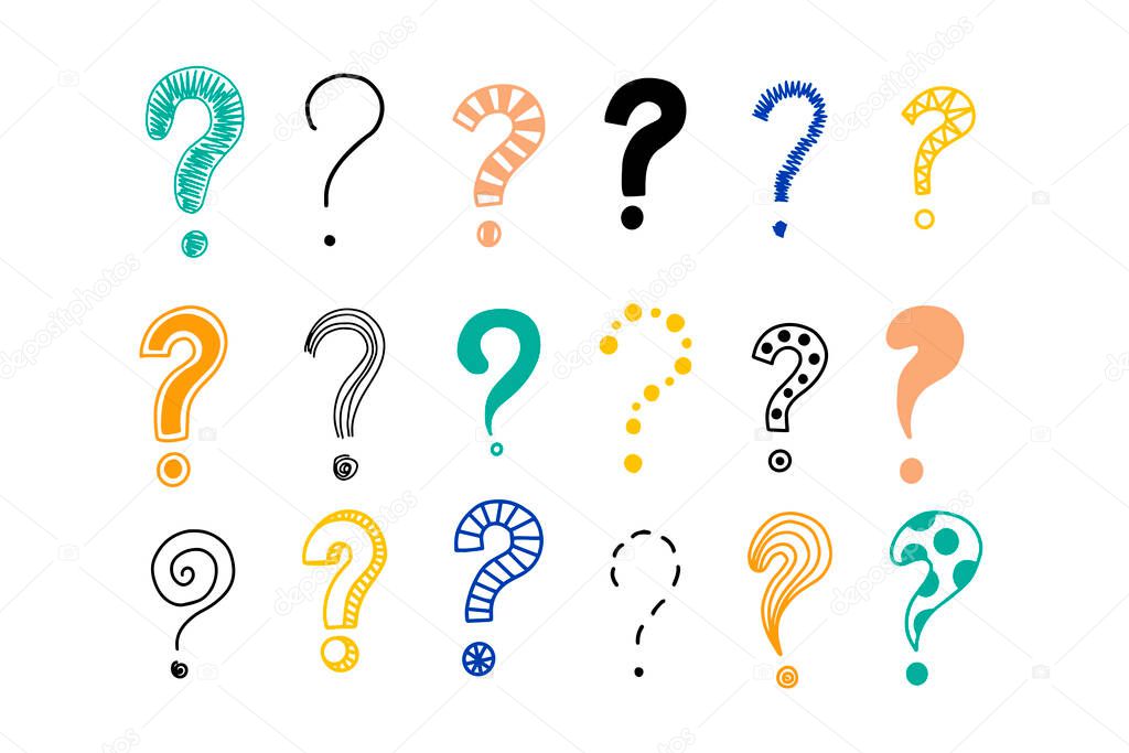 Big set of doodle drawings of question marks. Problem or trouble symbols. Hand drawn vector elements. 