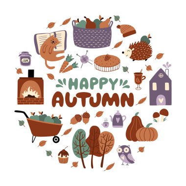 Mutlu sonbahar balkabakları, kirpi, mantar, meşe palamudu, sonbahar yaprakları, ağaçlar vs. Sonbahar sezonunun elementleri ile vektör illüstrasyonu. Kutlama kartları, afişler, posterler, çıkartmalar için kullanılabilir..
