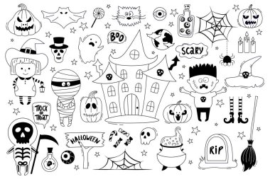 Cadılar Bayramı eşyaları koleksiyonu. Kabak, mezar taşı, kafatası, mumya, cadı, hayalet ev, Dracula vs. ile elle çizilmiş vektör çizimi. Cadılar Bayramı partisi, posterler, tebrik kartları, moda tasarımı, boyama kitabı için kullanılabilir..