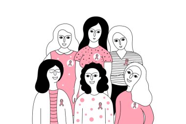Göğüs Kanseri Farkındalığı Ayı için kartpostal. Göğüs kanseri günü için göğsünde kurdele olan mutlu kadınlar. Vektör karalama çizimi.