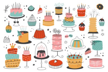 Uluslararası Pasta Günü. Beyaz arka planda bir dizi renkli pasta. Tebrik kartı, poster ve afiş olarak kullanılabilir..