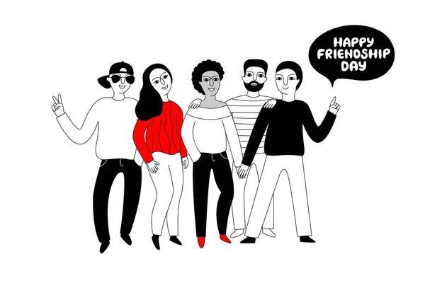 多文化グループ アフリカ系アメリカ人 ヨーロッパ人 アジア人 との幸せな友情の日のポスター 白い背景に孤立した親友のベクトル図 — ストックベクタ