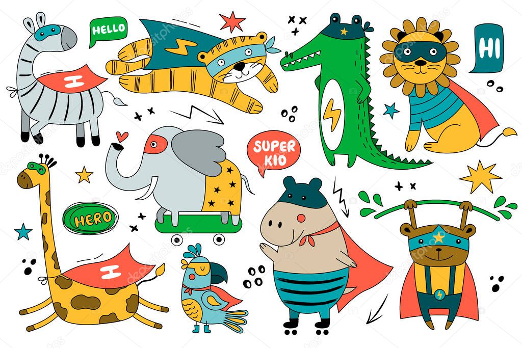 Set of wild animals in funny comics costume. Cute vector illustration with parrot, hippo, tiger, lion, giraffe, elephant, monkey, zebra isolated on white background. Can be used for card, banner, children's room, stickers