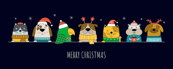 Kediler, köpekler, papağanlar ve hamsterla mutlu Noeller. Evcil hayvan dükkanı web sitesi için Noel afişi. 
