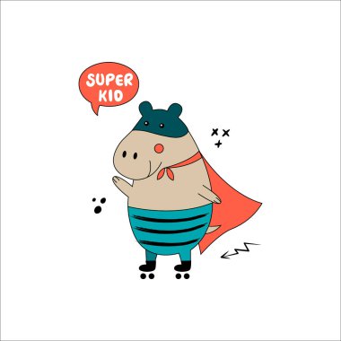 Su aygırı bigudileri ve komik komik kostümler içinde. Vektör el, beyaz arka planda vahşi bir hayvanla illüstrasyon çizdi. Kart, çocuk odası, poster almak için kullanılabilir.