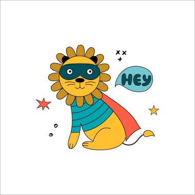 Komik komik kostümlü aslan. Beyaz arka planda vahşi bir hayvan olan vektör el çizimi. Kart, çocuk odası, poster almak için kullanılabilir.