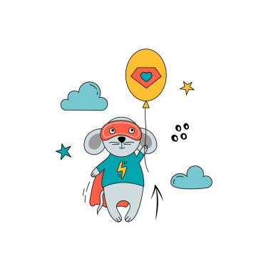 Komik komik kostümlü fare. Beyaz arka planda vahşi bir hayvan olan vektör el çizimi. Kart, çocuk odası, poster almak için kullanılabilir.