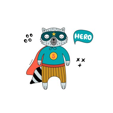 Komik komik kostümlü rakun. Beyaz arka planda vahşi bir hayvan olan el yapımı bir illüstrasyon. Kart, çocuk odası, poster almak için kullanılabilir.