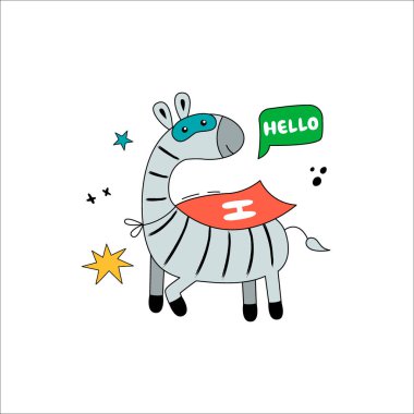 Komik kostümlü Zebra. Beyaz arka planda vahşi bir hayvan olan vektör el çizimi. Kart, çocuk odası, poster almak için kullanılabilir.