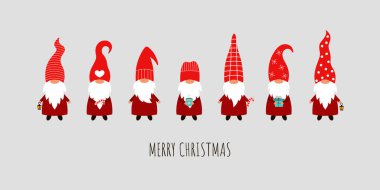 Gri arka planda 7 tane Noel cücesi. Kırmızı şapkalı cücelerin olduğu vektör kartı.