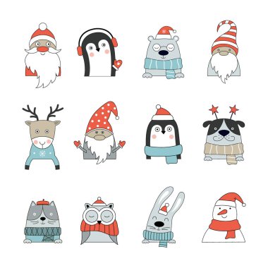 Beyaz arka planda izole edilmiş kışlık kostümlü el yapımı hayvanlar. Noel tatilinin tadını çıkaran el yapımı hayvanlar. Dekorasyon için vektör illüstrasyonuName.