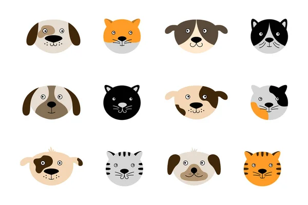 Şirin köpek ve kedi yüzleri. Elle çizilmiş hayvanlarla vektör çizimi. Tebrik kartı, poster, evcil hayvan dükkanı, kreş için kullanılabilir..