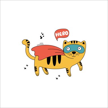 Çizgi roman kostümü giymiş el çizimi bir köpek. Konuşması, yıldızı ve harfleri olan şirin bir köpek yavrusu..