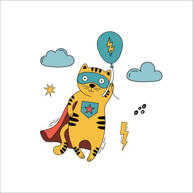 Hava balonuyla uçan komik kostümlü şirin bir kedi.. 