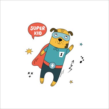 Çizgi roman kostümü giymiş el çizimi bir köpek. Konuşması, yıldızı ve harfleri olan şirin bir köpek yavrusu..