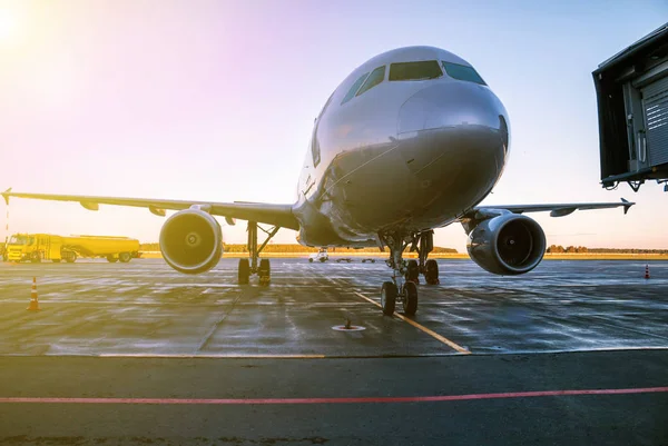 Passenger Airplane Airport Apron Morning Sun — Stock Photo, Image