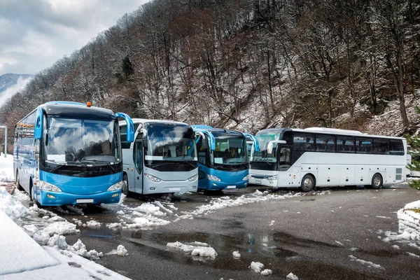 Helyközi Autóbusz Parkolt Hegyi Erdő Közelében Téli — Stock Fotó