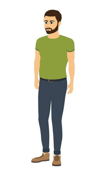 2D дизайн персонажа Молодой человек в повседневной одежде улыбается и уверенно указывая, стоя в студии изолированный фон