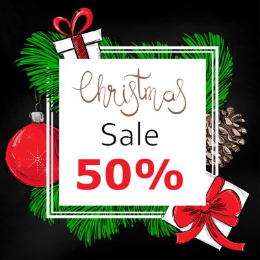 Yılbaşı topu, hediyeler, çam dalları ve çam kozalakları tasarlamak vektör çizim. Yılbaşı Banner tasarımınız için kare. Noel satış.