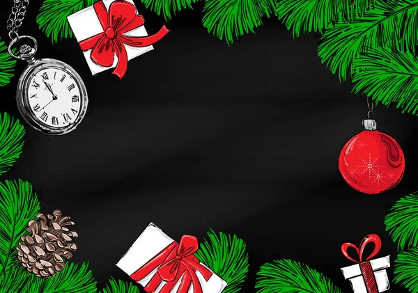 抽象矢量背景与冷杉的枝条 圣诞球 冷杉球果和礼品 您设计的的圣诞背景 — 图库矢量图片