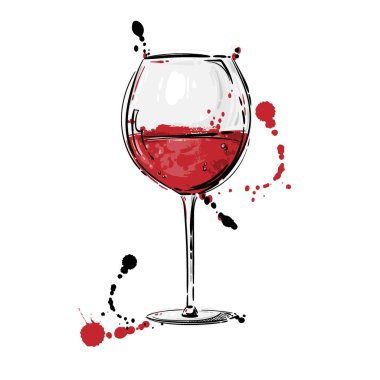 Bir bardak kırmızı şarap ile vektör Illustration. Menü tasarımı için arka plan. Kartpostal. bir afiş, poster ve başka bir.