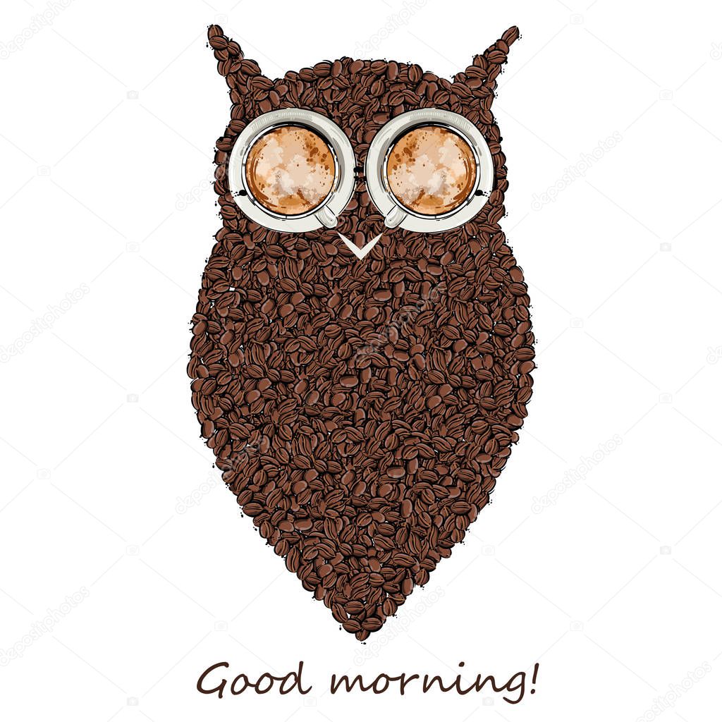 Vector abstract illustration with coffee beans. Coffee house. Coffee background. owl