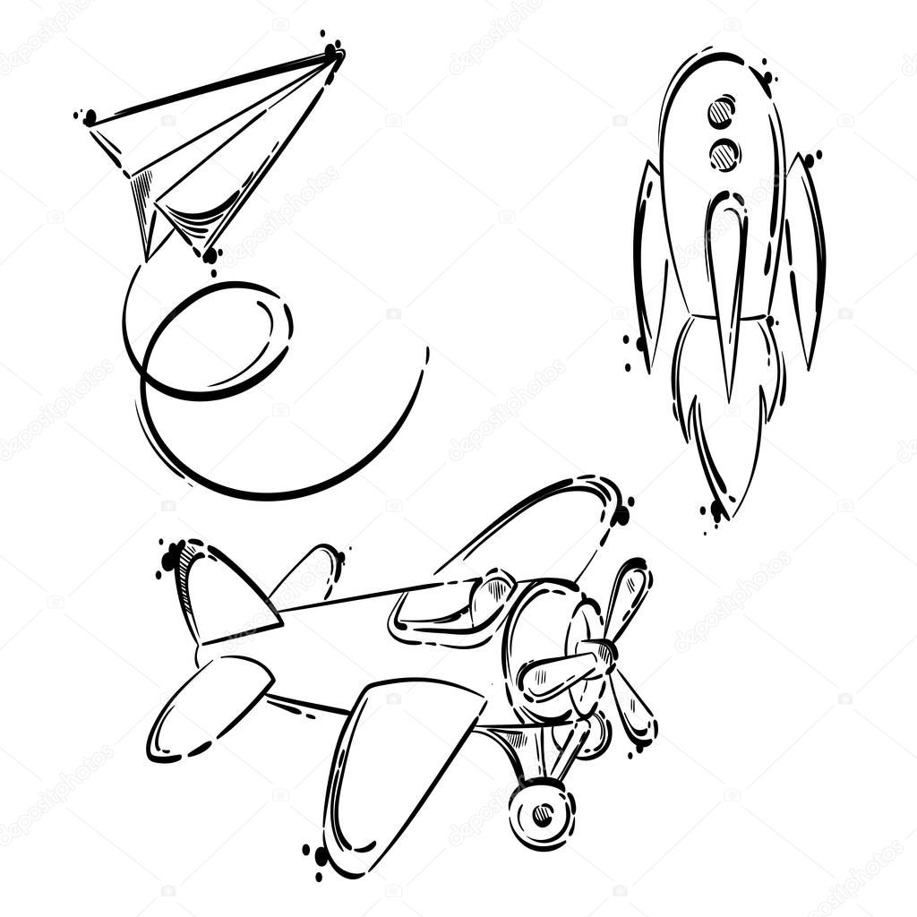 Vector illustration with paper airplane, rocket and toy airplane