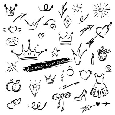 Metin süsleme için çizilmiş elemanların vektör seti, fotoğraf. 