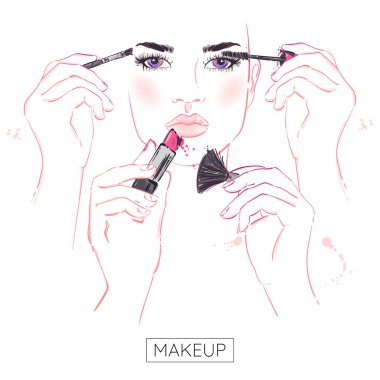 Kapak tasarımı, poster, afiş ve diğer şeyler için moda kızının soyut çizimi. Rimel reklamı..