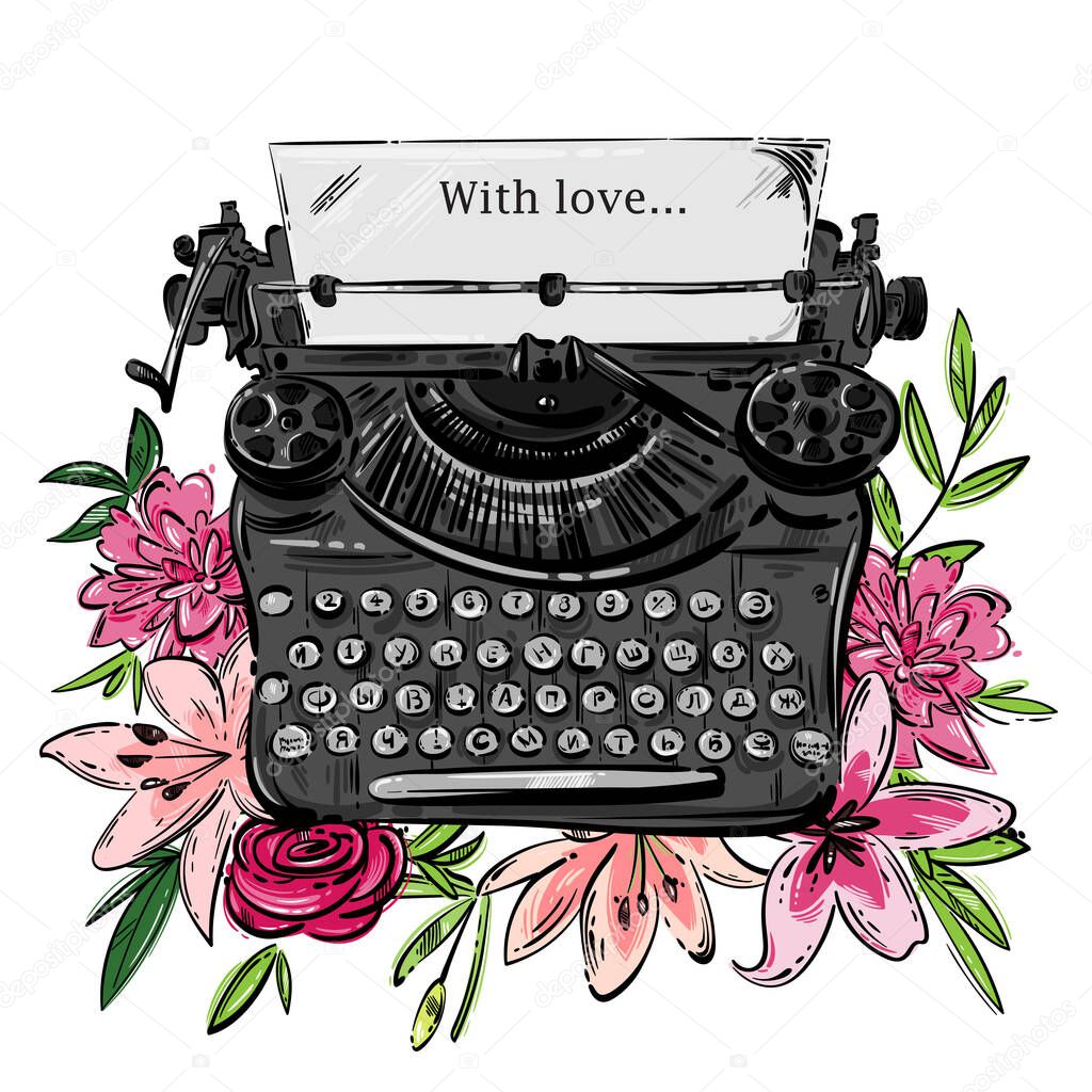 Vector abstract desktop illustration with typewriter.