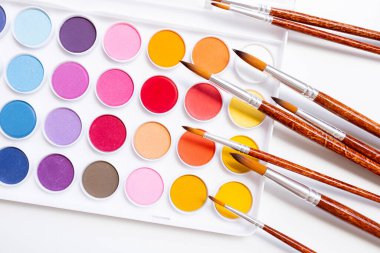 Beyaz arka planda boya fırçaları olan canlı bir suluboya paleti. Yüksek kalite.