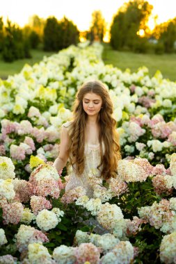 Klasik şık elbiseli güzel bir kadın parkta ortancalar arasında poz veriyor.