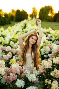 Klasik şık elbiseli güzel bir kadın parkta ortancalar arasında poz veriyor.