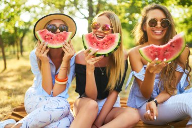 Eğleniyor üç güzel kız parkta karpuz yeme. Mükemmel güneşli havalarda. Güzel resimler. Süper ruh hali. Yaz konsepti.